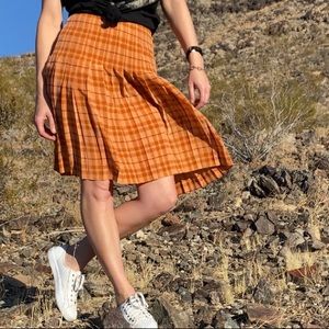 High waist preppy orange plaid pleated midi skirt